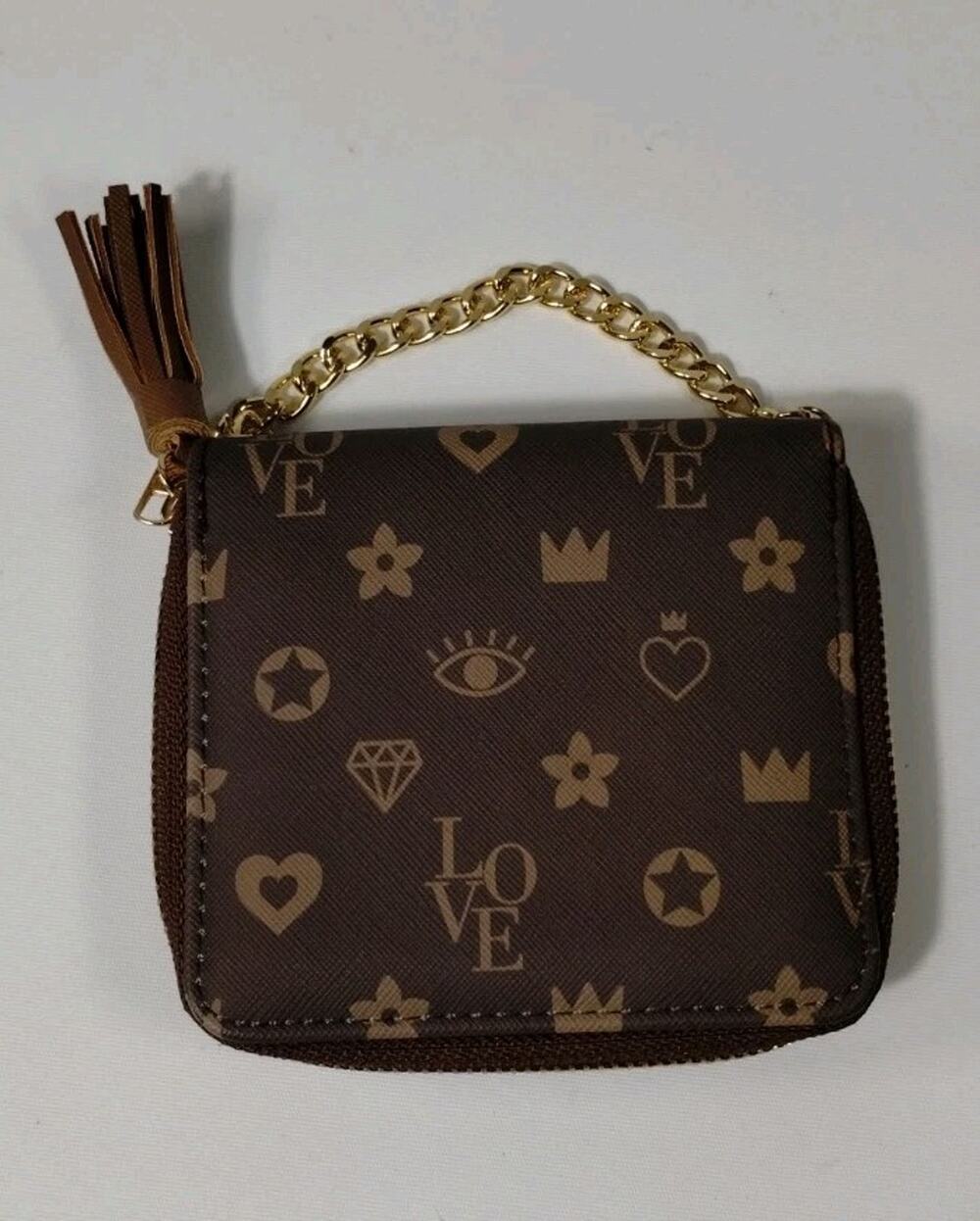 Claire's Small Girls Women Wallet Brown Love Designer Design 5"x4.5" - Chain